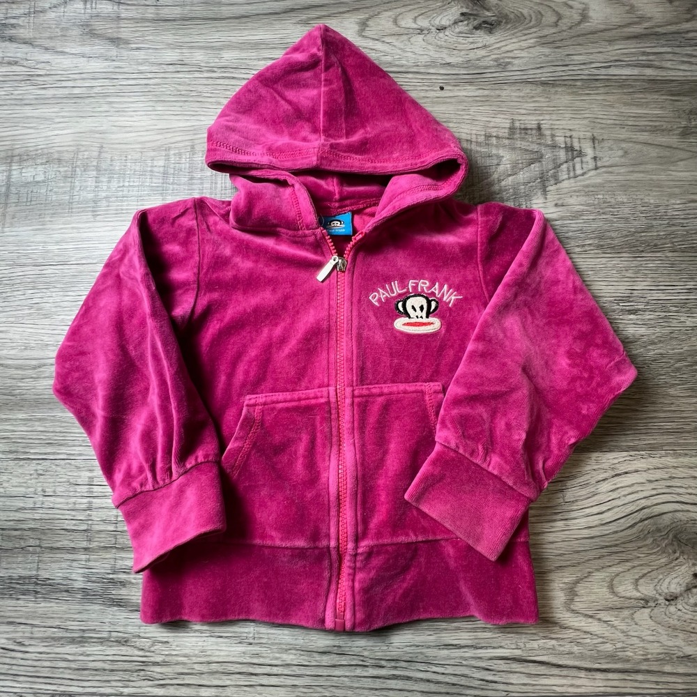 Paul‎ Frank Hoodie Girls Size 4 Pink Velour Julius Monkey Zip Up Sweatshirt Y2K